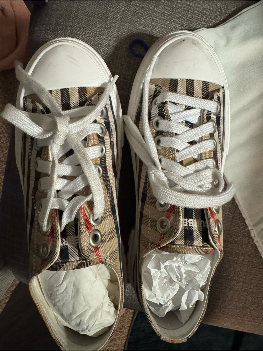 Burberry Beige and Black Plaid Lace-Up Sneakers